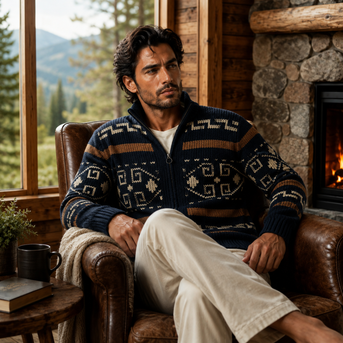 Cárdigan de punto con cremallera, cuello chal y estampado geométrico para hombre-Cardigan for men-Casaluzia