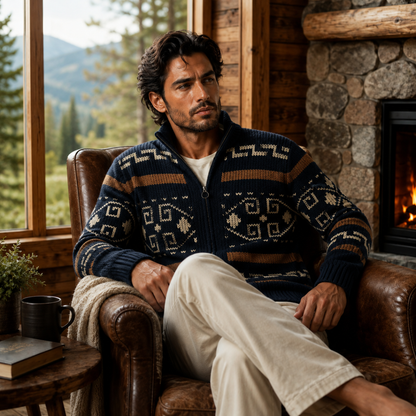 Cárdigan de punto con cremallera, cuello chal y estampado geométrico para hombre-Cardigan for men-Casaluzia