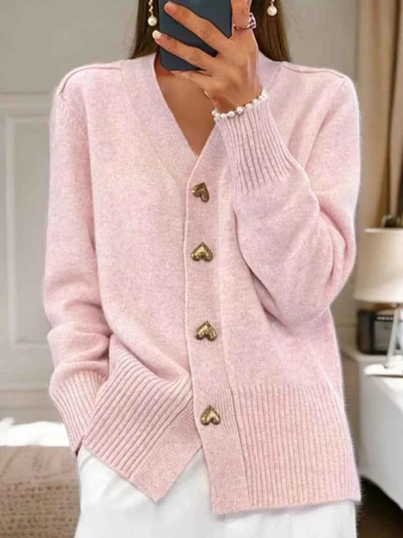 Cárdigan de punto con cuello en V y botones de corazón para mujer-Cardigan for women-Casaluzia