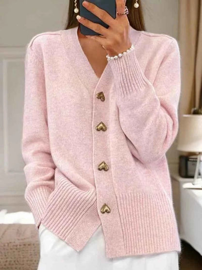 Cárdigan de punto con cuello en V y botones de corazón para mujer-Cardigan for women-Casaluzia