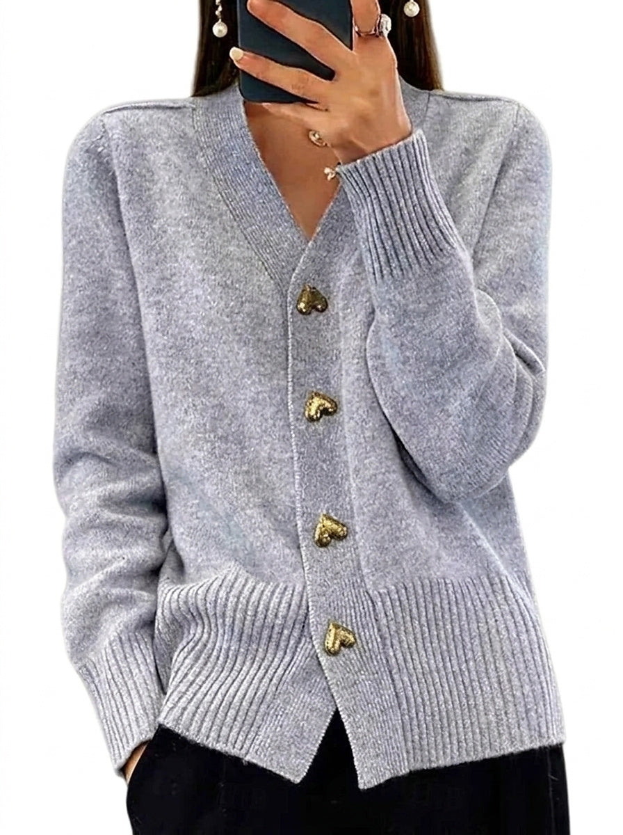 Cárdigan de punto con cuello en V y botones de corazón para mujer-Cardigan for women-Casaluzia