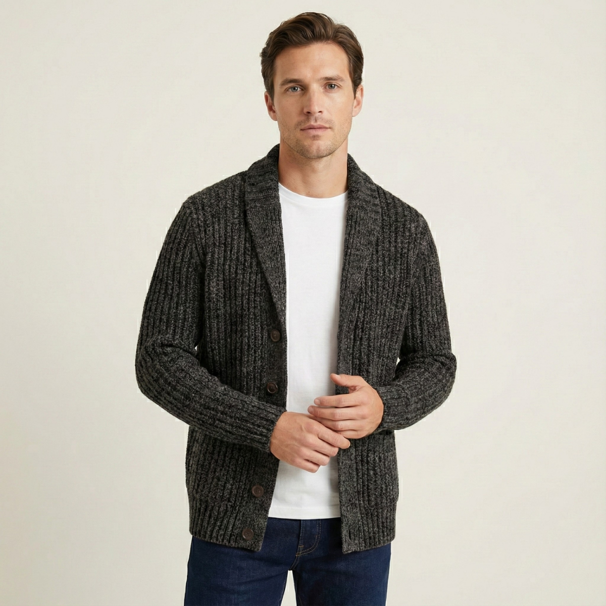 Cárdigan de punto grueso para hombre con cuello tipo chal-Cardigan for men-Casaluzia