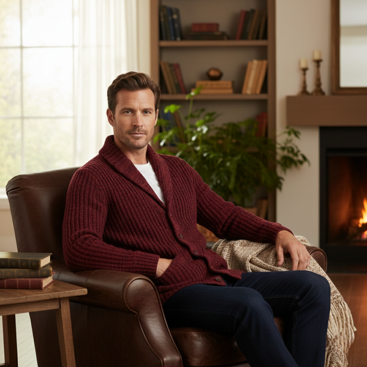 Cárdigan de punto grueso para hombre con cuello tipo chal-Cardigan for men-Casaluzia