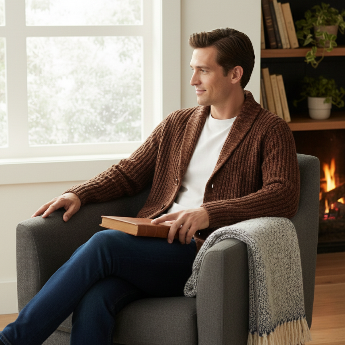 Cárdigan de punto grueso para hombre con cuello tipo chal-Cardigan for men-Casaluzia