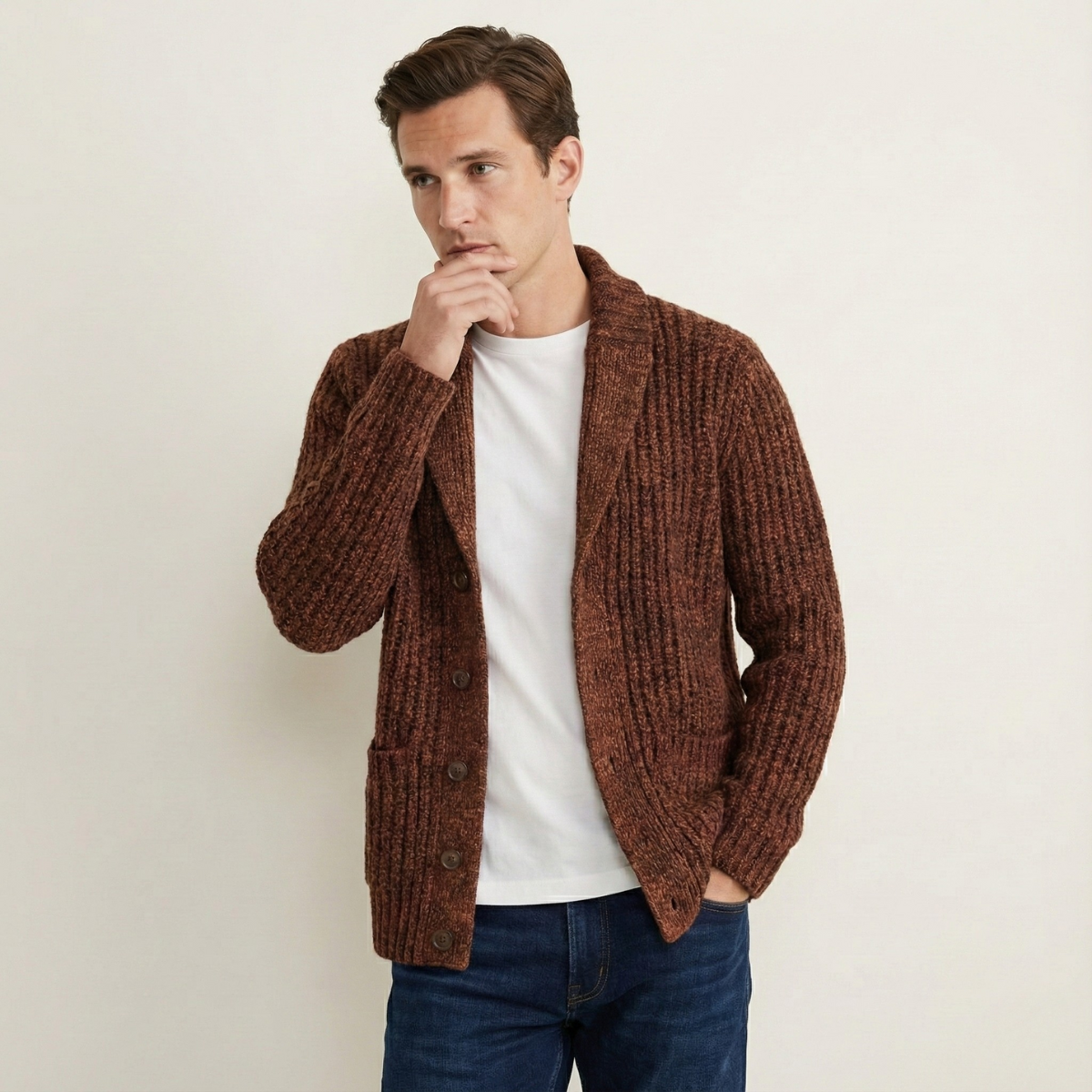 Cárdigan de punto grueso para hombre con cuello tipo chal-Cardigan for men-Casaluzia