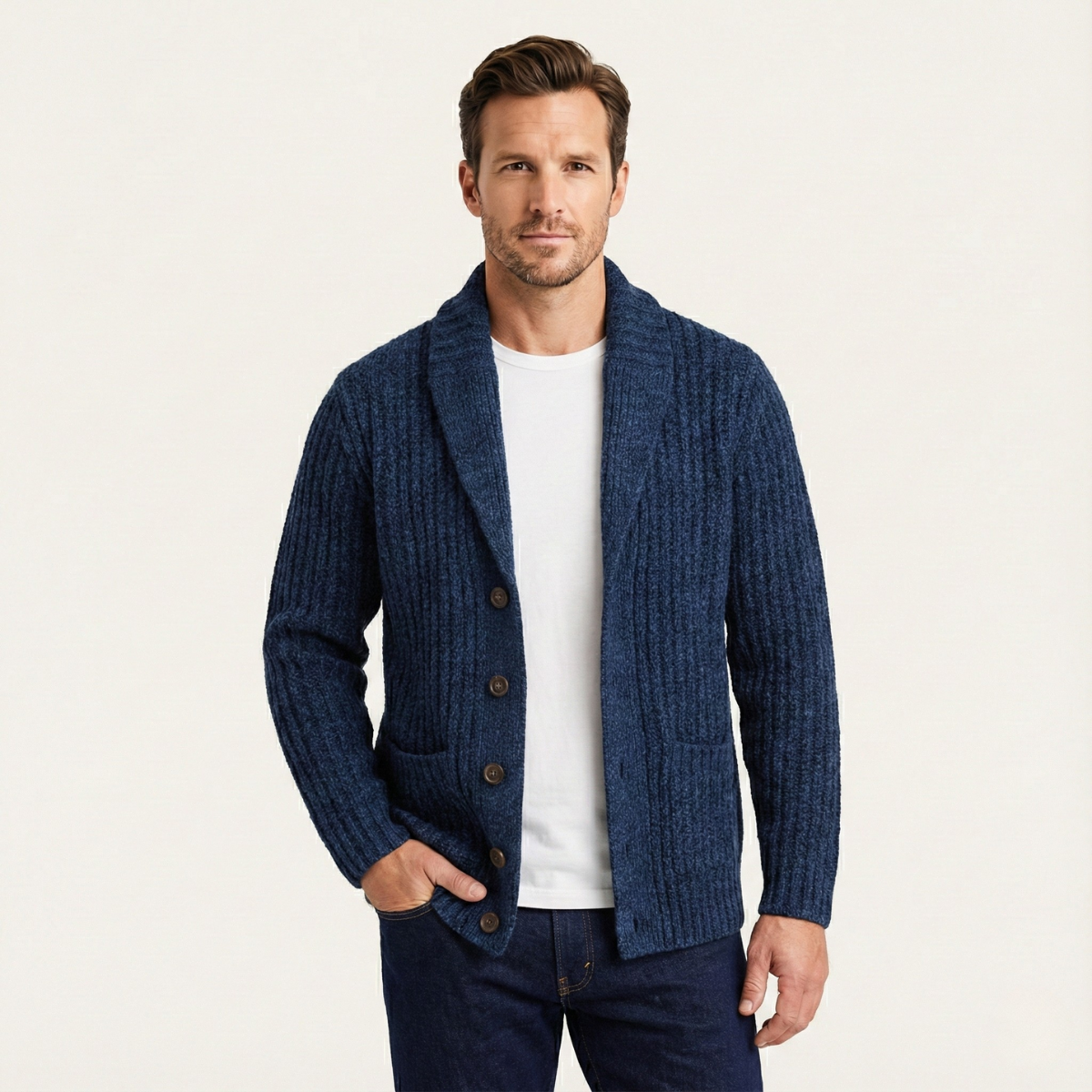 Cárdigan de punto grueso para hombre con cuello tipo chal-Cardigan for men-Casaluzia