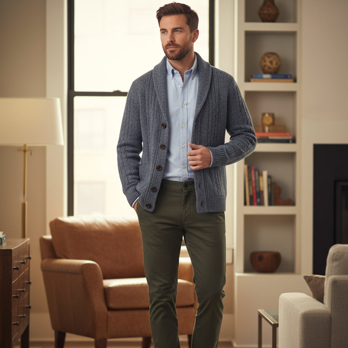 Cárdigan de punto trenzado con cuello de chal para hombre-Cardigan for men-Casaluzia