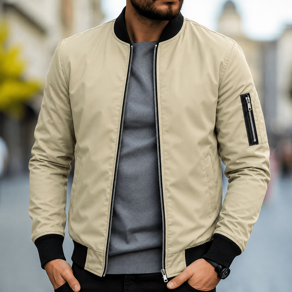 Chaqueta bomber para hombre con bolsillo con cremallera en la manga-Jackets for men-Casaluzia