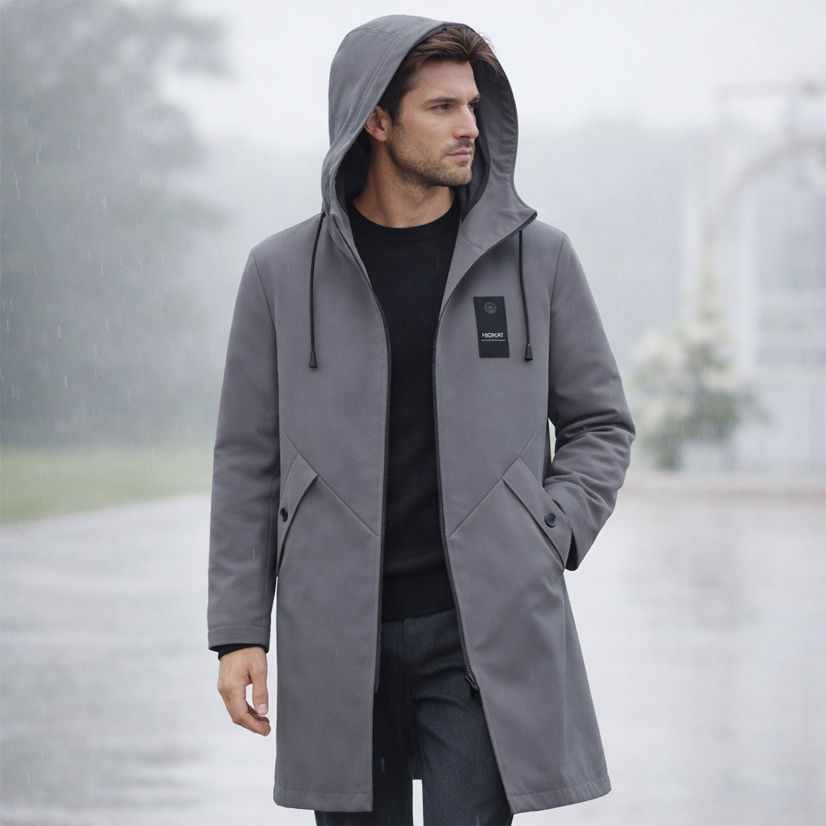 Chaqueta larga con capucha para hombre con cordón y cremallera frontal-Jackets for men-Casaluzia