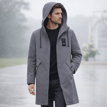 Chaqueta larga con capucha para hombre con cordón y cremallera frontal-Jackets for men-Casaluzia