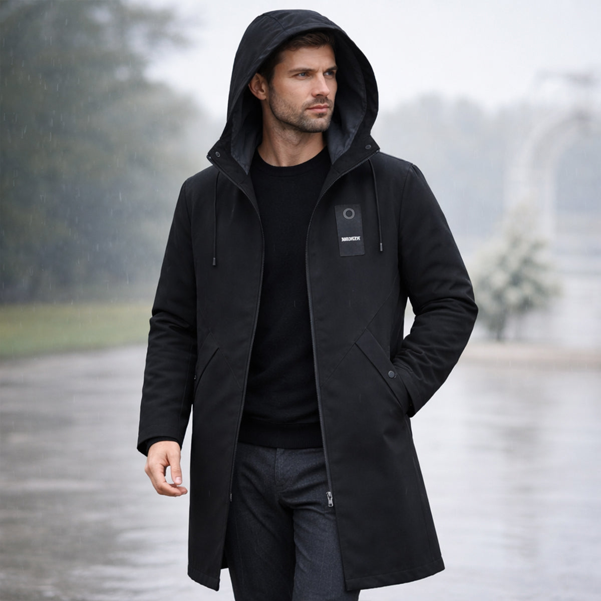Chaqueta larga con capucha para hombre con cordón y cremallera frontal-Jackets for men-Casaluzia
