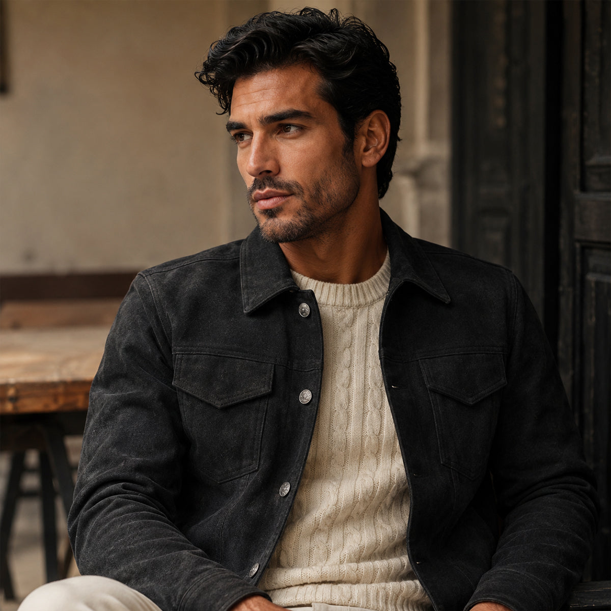 Chaqueta Trucker de ante para hombre con cierre de botones a presión-Jackets for men-Casaluzia