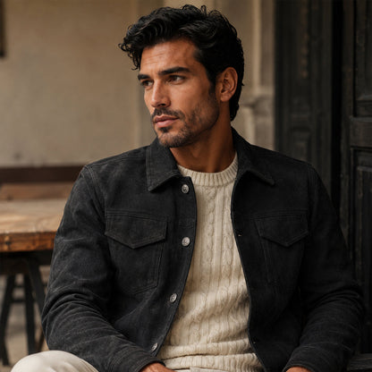 Chaqueta Trucker de ante para hombre con cierre de botones a presión-Jackets for men-Casaluzia