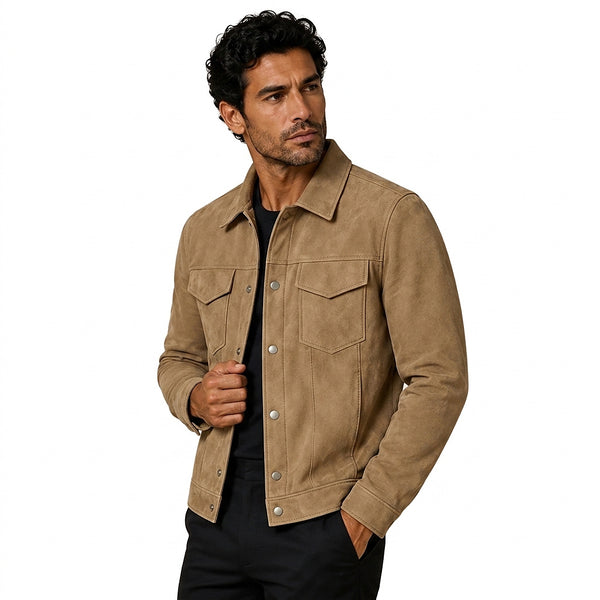Chaqueta Trucker de ante para hombre con cierre de botones a presión-Jackets for men-Casaluzia