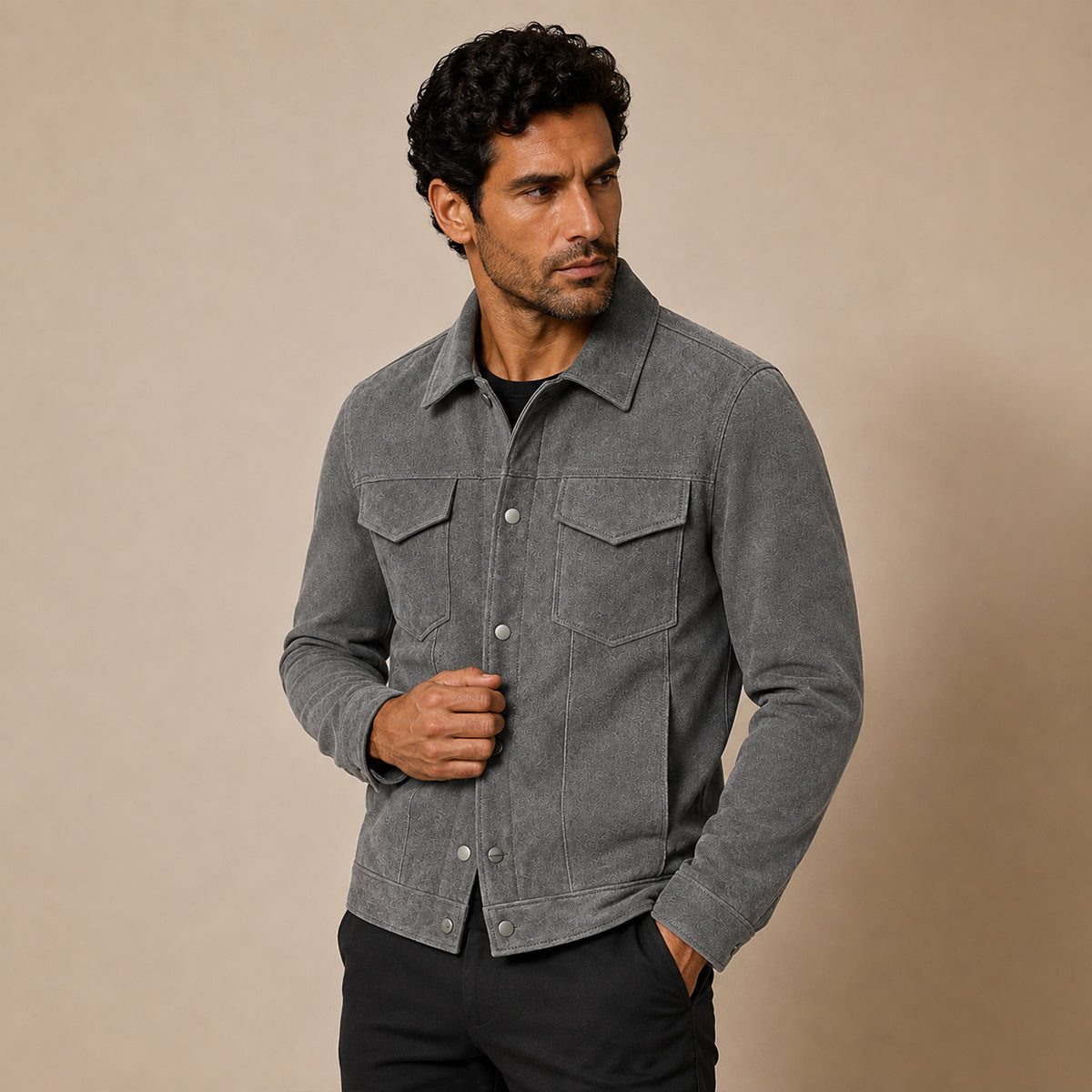 Chaqueta Trucker de ante para hombre con cierre de botones a presión-Jackets for men-Casaluzia