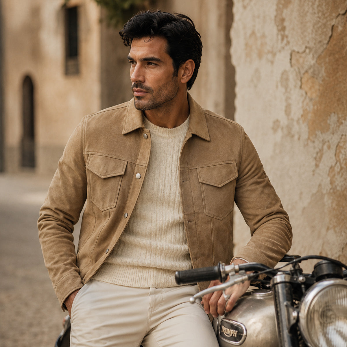 Chaqueta Trucker de ante para hombre con cierre de botones a presión-Jackets for men-Casaluzia