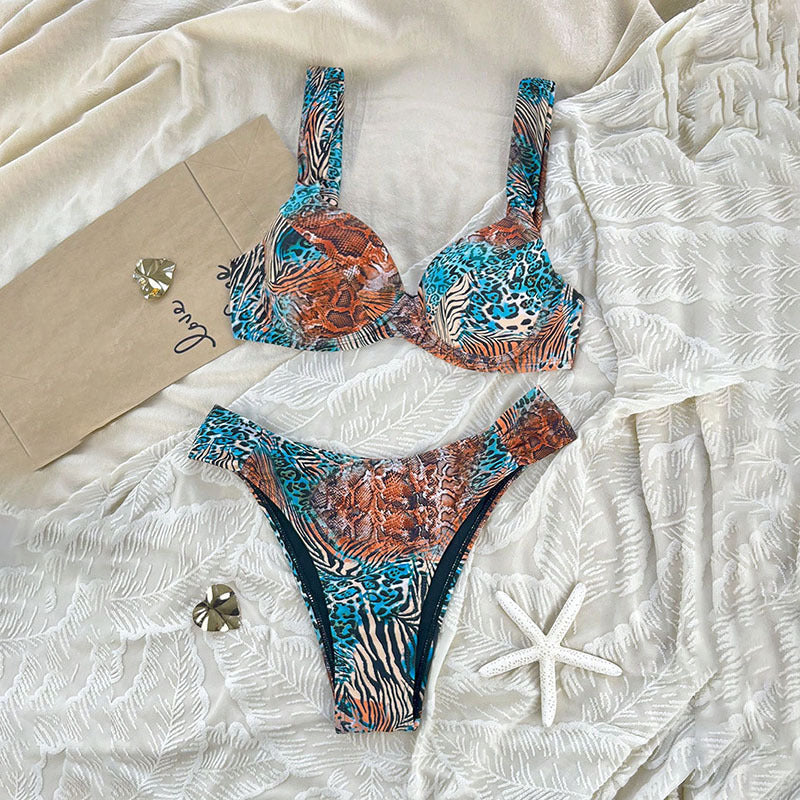 Conjunto de bikini con aros y estampado animal para mujer-Swimwear for Women-Casaluzia