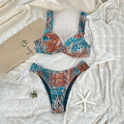 Conjunto de bikini con aros y estampado animal para mujer-Swimwear for Women-Casaluzia