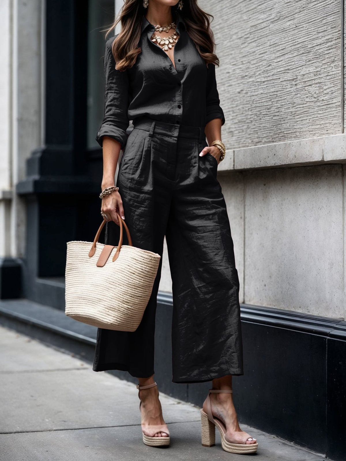 Conjunto de camisa de botones y pantalón de pierna ancha para mujer-Sets for women-Casaluzia