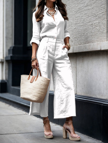 Conjunto de camisa de botones y pantalón de pierna ancha para mujer-Sets for women-Casaluzia