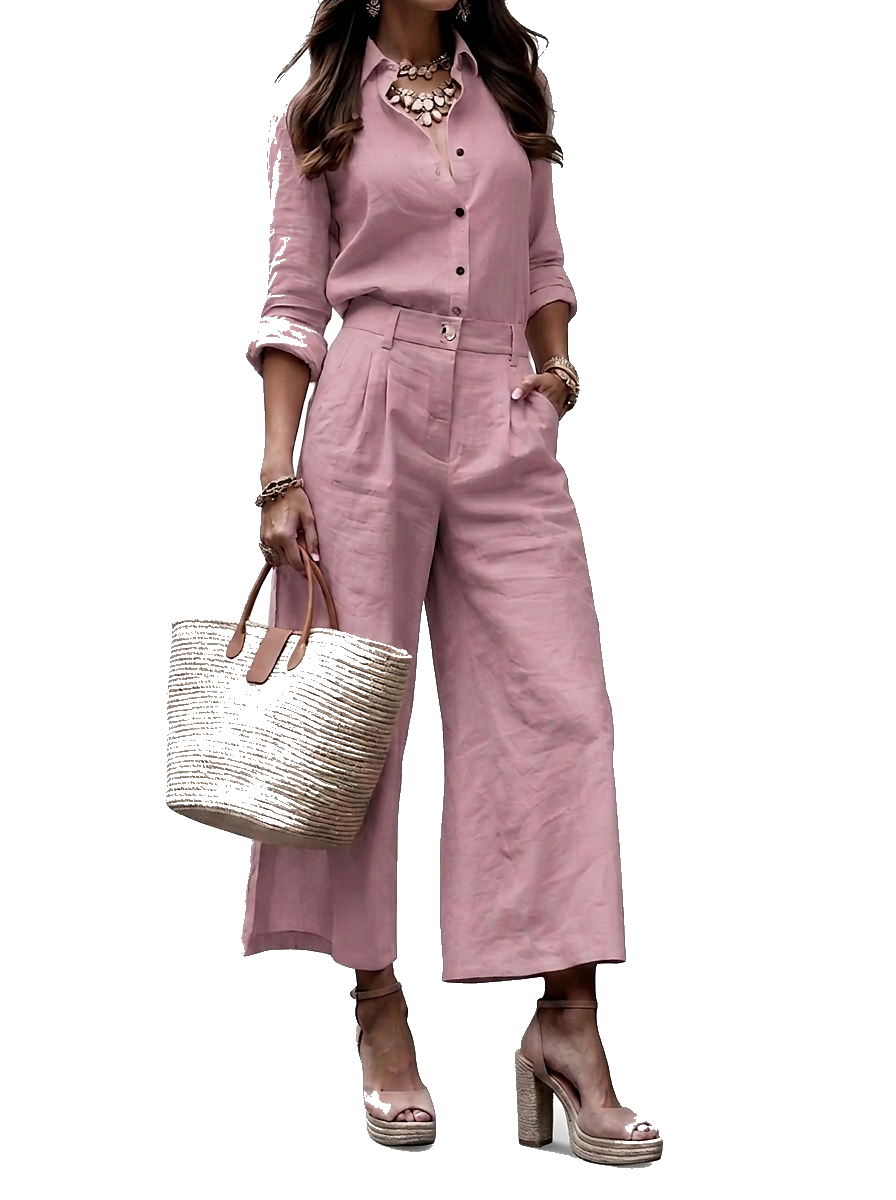 Conjunto de camisa de botones y pantalón de pierna ancha para mujer-Sets for women-Casaluzia
