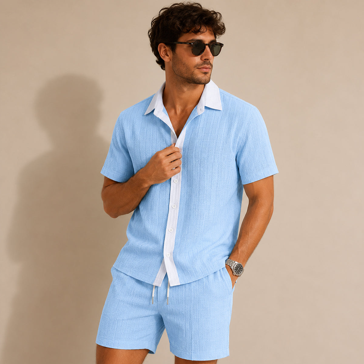 Conjunto de Camisa de Botones y Pantalones Cortos a Rayas para Hombre-Sets for Men-Casaluzia