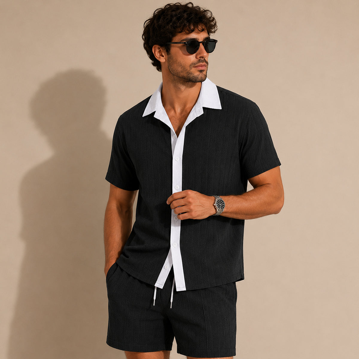 Conjunto de Camisa de Botones y Pantalones Cortos a Rayas para Hombre-Sets for Men-Casaluzia