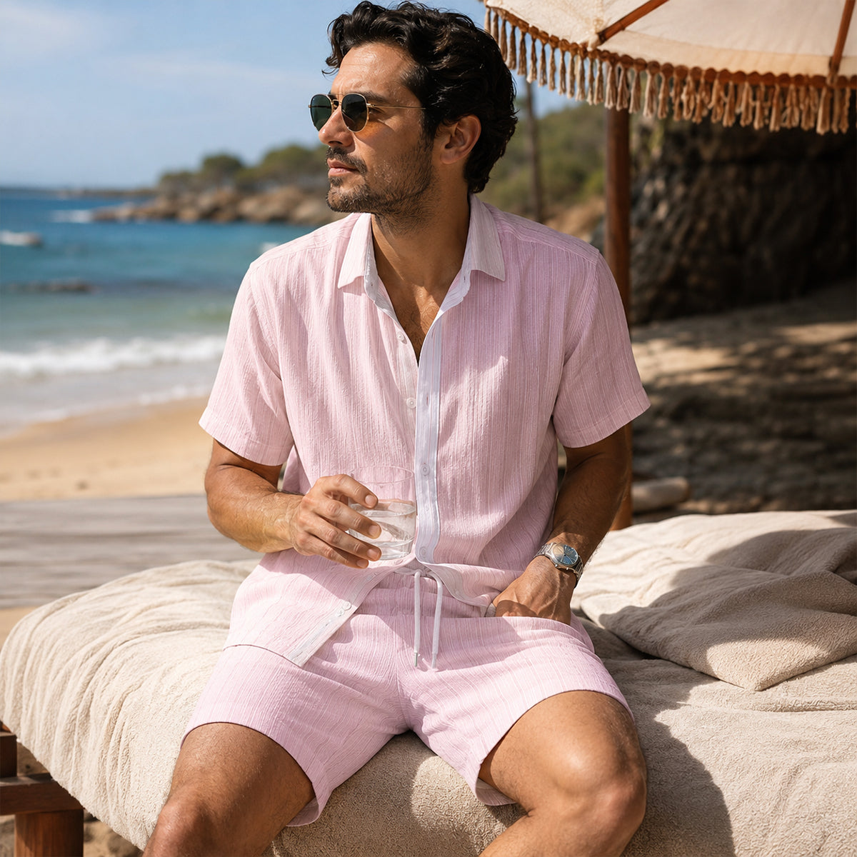 Conjunto de Camisa de Botones y Pantalones Cortos a Rayas para Hombre-Sets for Men-Casaluzia