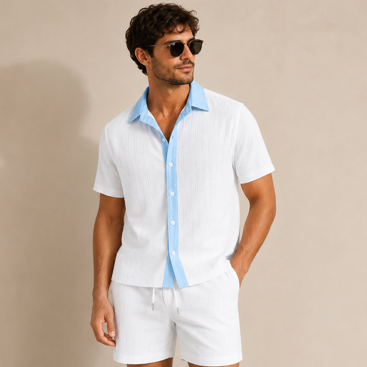 Conjunto de Camisa de Botones y Pantalones Cortos a Rayas para Hombre-Sets for Men-Casaluzia