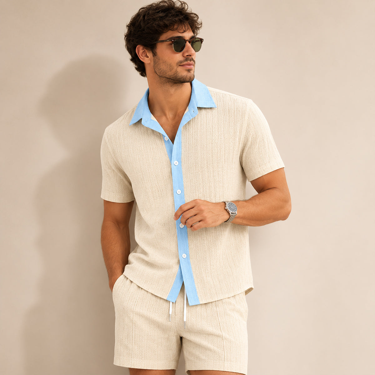 Conjunto de Camisa de Botones y Pantalones Cortos a Rayas para Hombre-Sets for Men-Casaluzia