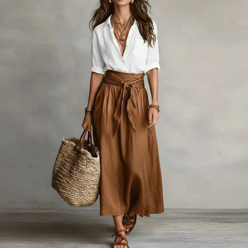 Conjunto de camisa de lino y falda maxi con lazo para mujer-Sets for women-Casaluzia