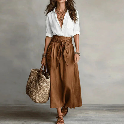 Conjunto de camisa de lino y falda maxi con lazo para mujer-Sets for women-Casaluzia