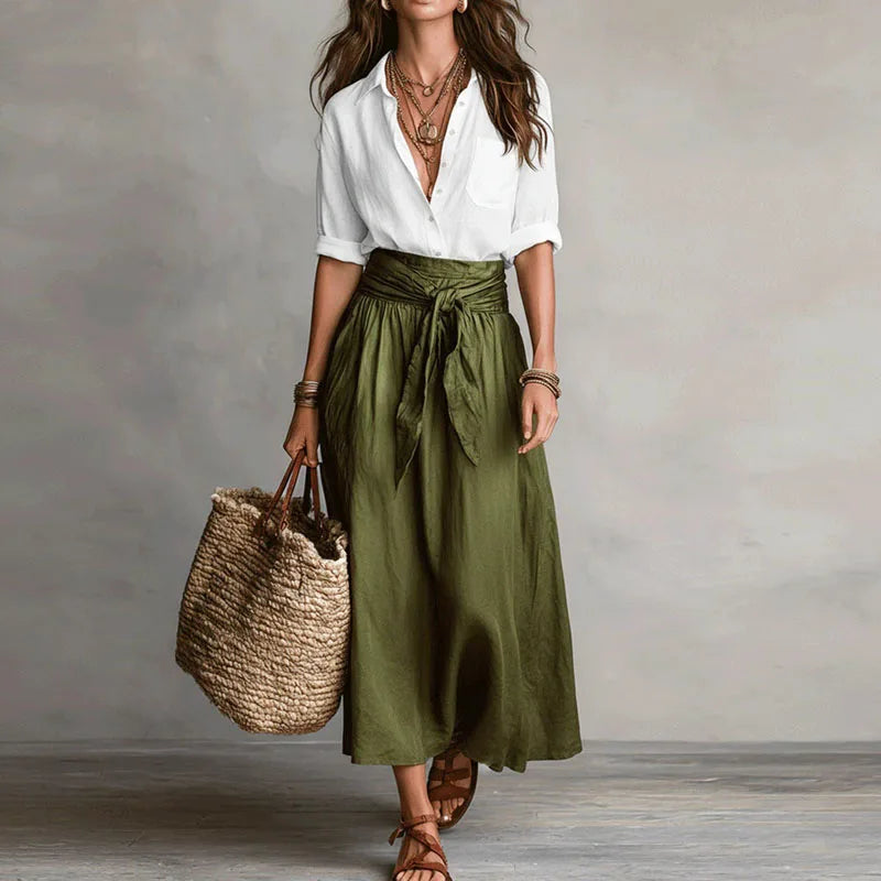 Conjunto de camisa de lino y falda maxi con lazo para mujer-Sets for women-Casaluzia