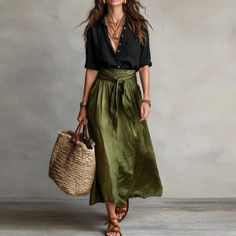 Conjunto de camisa de lino y falda maxi con lazo para mujer-Sets for women-Casaluzia