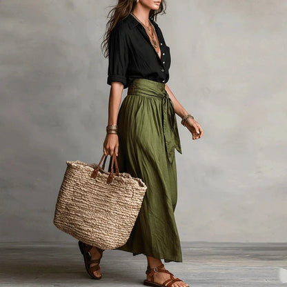 Conjunto de camisa de lino y falda maxi con lazo para mujer-Sets for women-Casaluzia