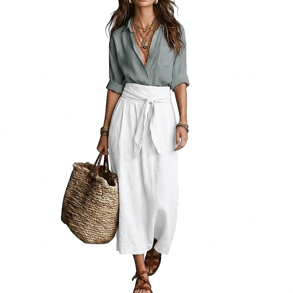 Conjunto de camisa de lino y falda maxi con lazo para mujer-Sets for women-Casaluzia