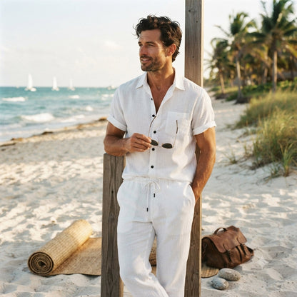 Conjunto de camisa de manga corta con botones y pantalón con cordón para hombre-Sets for Men-Casaluzia