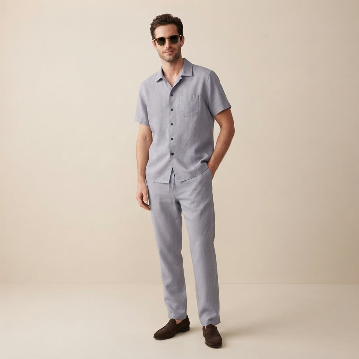 Conjunto de camisa de manga corta con botones y pantalón con cordón para hombre-Sets for Men-Casaluzia