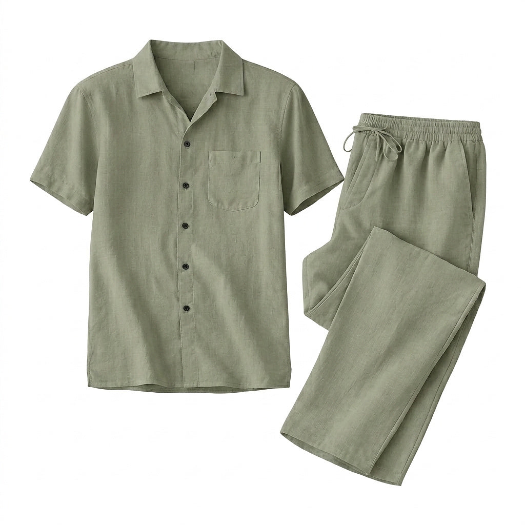 Conjunto de camisa de manga corta con botones y pantalón con cordón para hombre-Sets for Men-Casaluzia