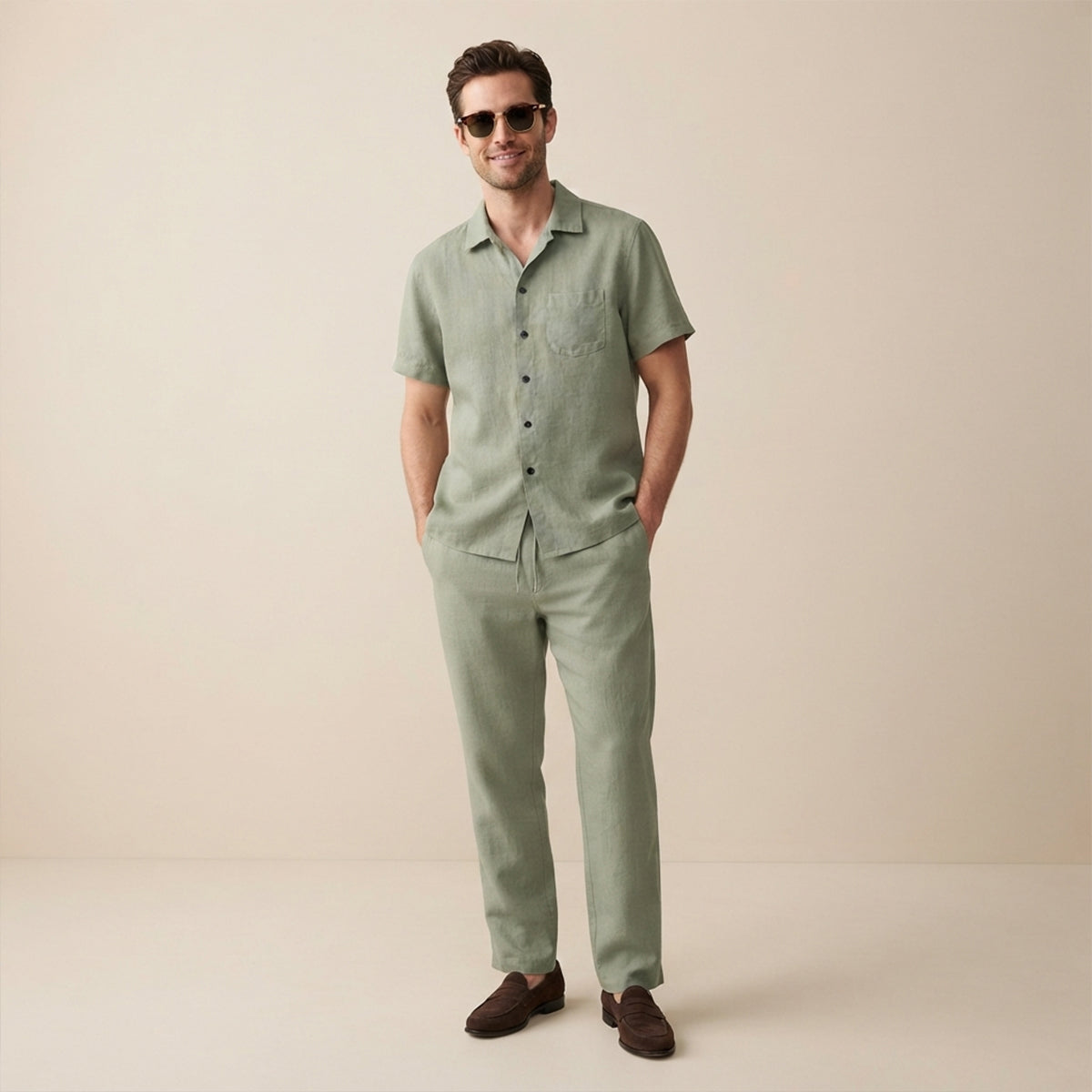 Conjunto de camisa de manga corta con botones y pantalón con cordón para hombre-Sets for Men-Casaluzia
