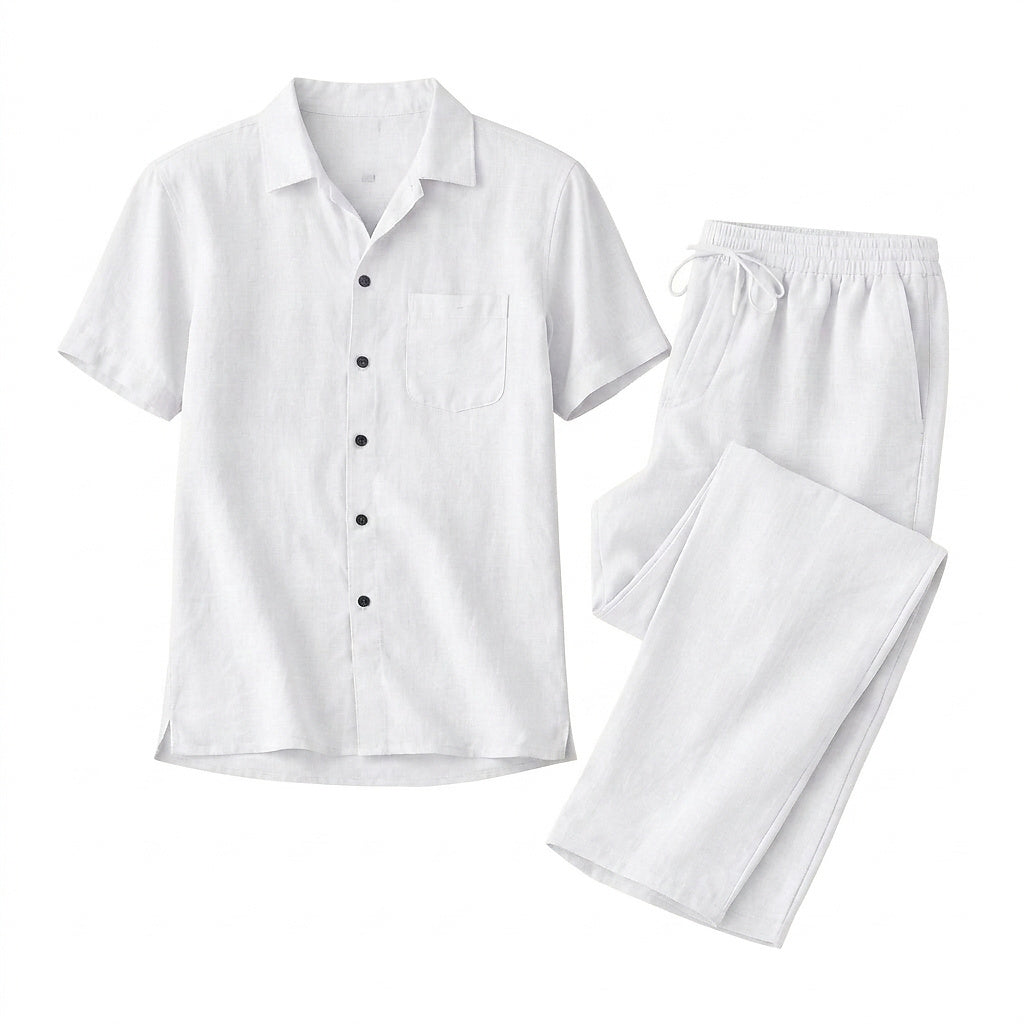 Conjunto de camisa de manga corta con botones y pantalón con cordón para hombre-Sets for Men-Casaluzia