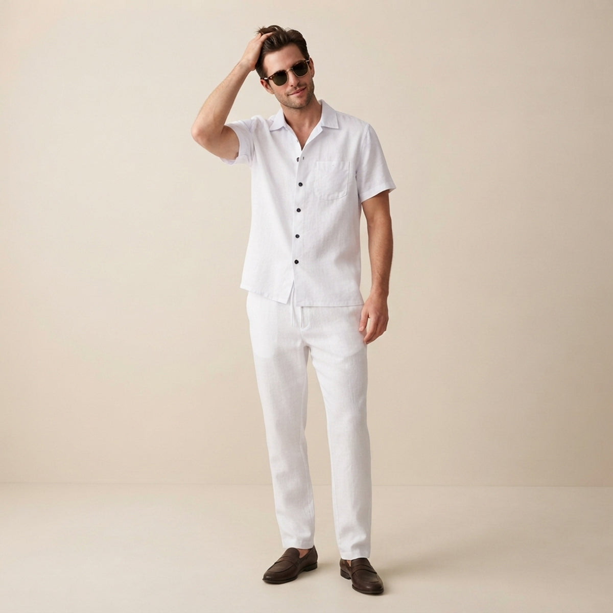 Conjunto de camisa de manga corta con botones y pantalón con cordón para hombre-Sets for Men-Casaluzia