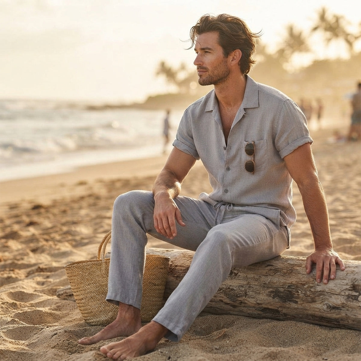 Conjunto de camisa de manga corta con botones y pantalón con cordón para hombre-Sets for Men-Casaluzia