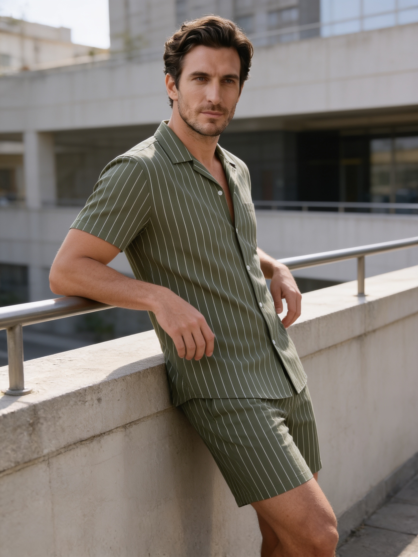 Conjunto de camisa de manga corta y pantalón corto a rayas para hombre-Sets for Men-Casaluzia