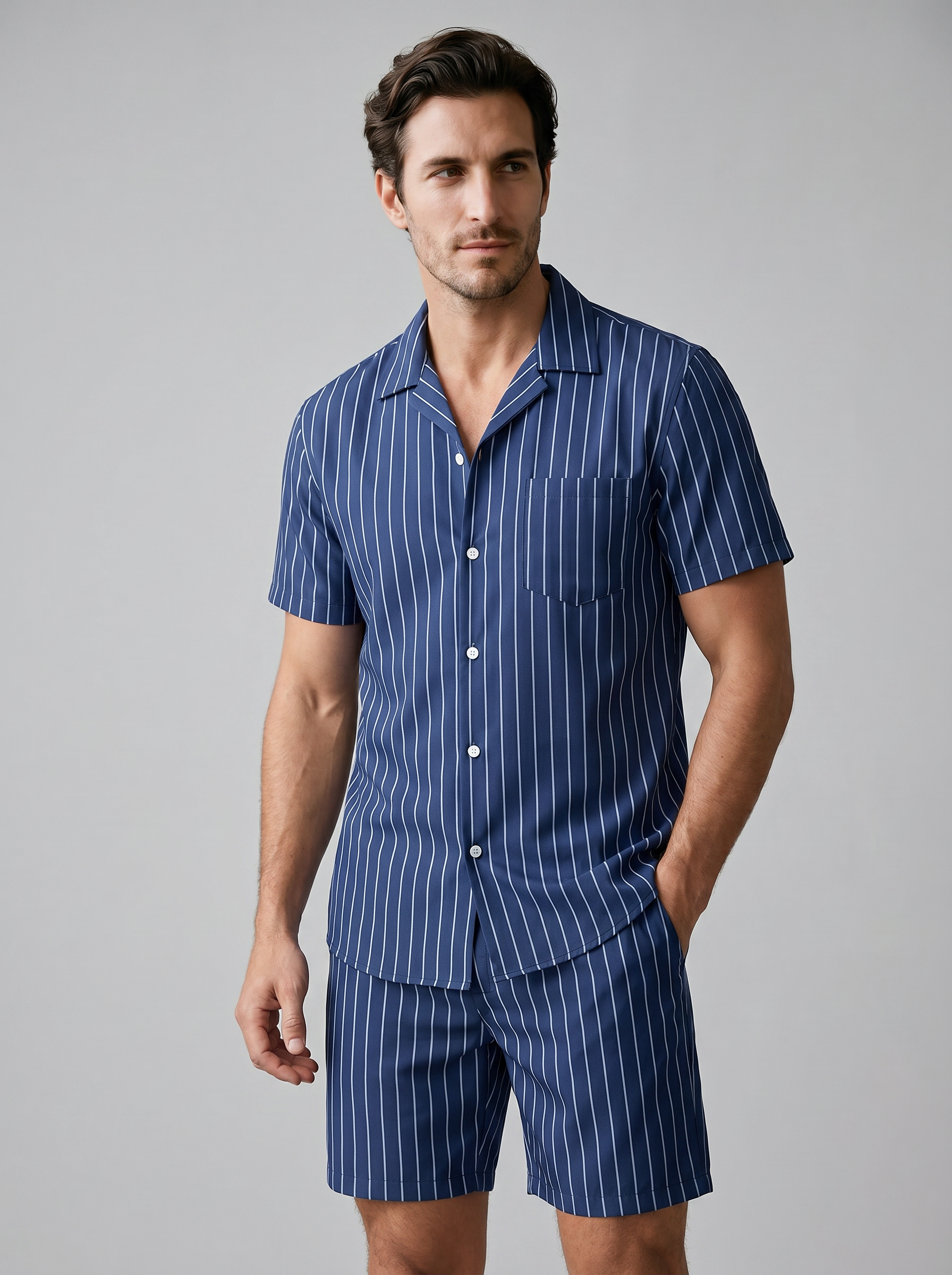 Conjunto de camisa de manga corta y pantalón corto a rayas para hombre-Sets for Men-Casaluzia