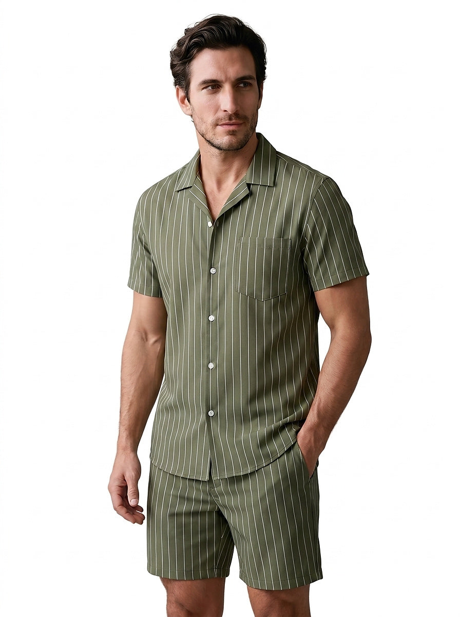 Conjunto de camisa de manga corta y pantalón corto a rayas para hombre-Sets for Men-Casaluzia