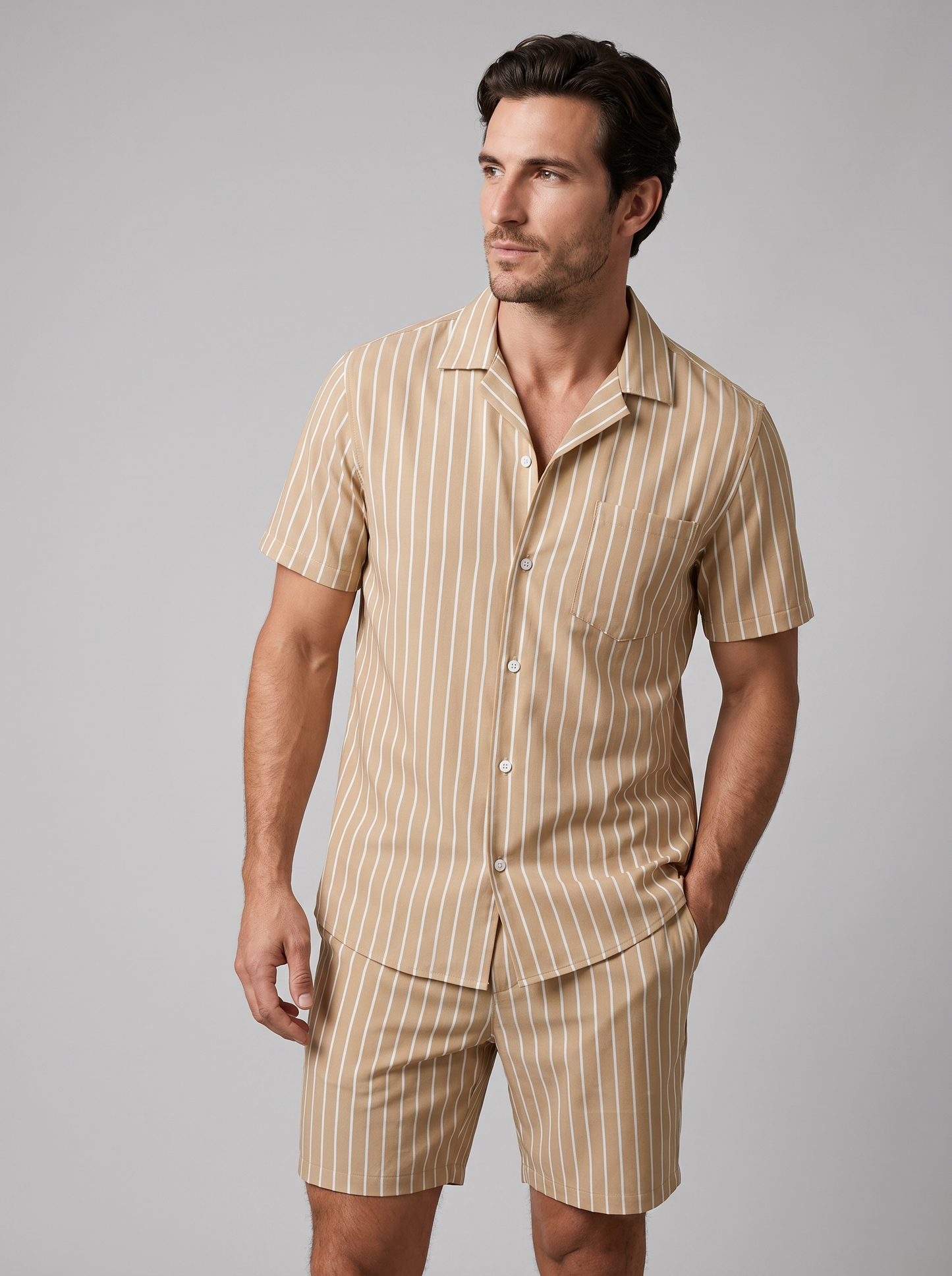 Conjunto de camisa de manga corta y pantalón corto a rayas para hombre-Sets for Men-Casaluzia