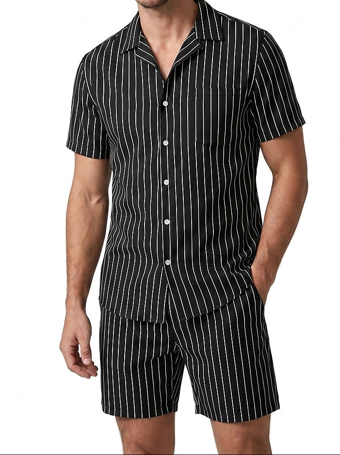 Conjunto de camisa de manga corta y pantalón corto a rayas para hombre-Sets for Men-Casaluzia