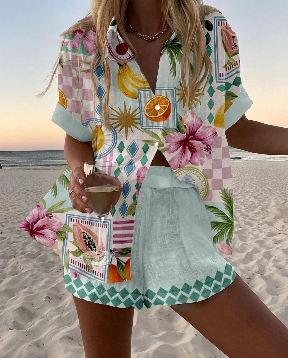 Conjunto de Camisa de Manga Corta y Pantalones Cortos Estampados para Mujer-Sets for women-Casaluzia