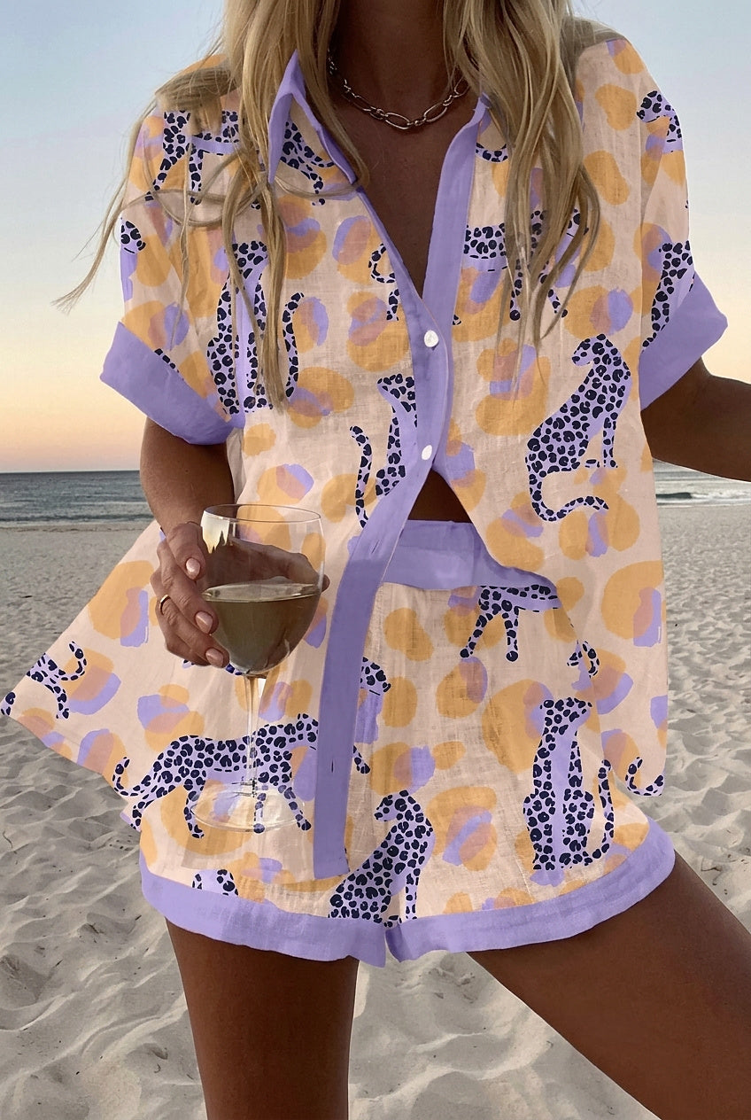 Conjunto de Camisa de Manga Corta y Pantalones Cortos Estampados para Mujer-Sets for women-Casaluzia
